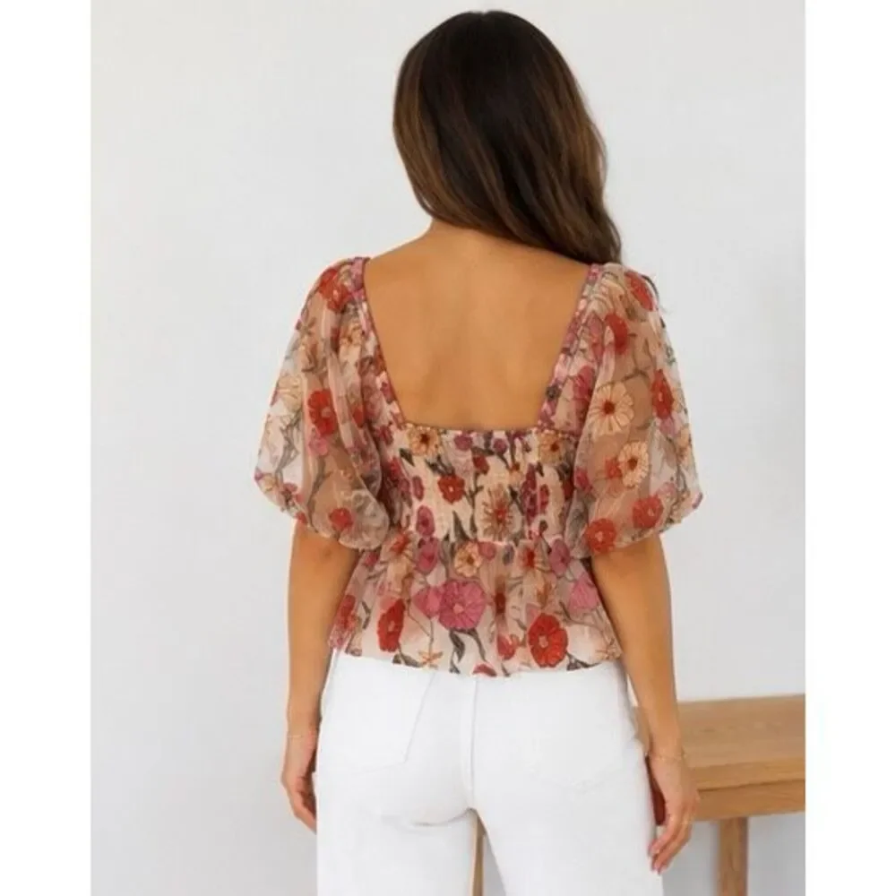 Saltwater Luxe Floral Embroidered Cropped Peplum Top in Beige Multi Size L